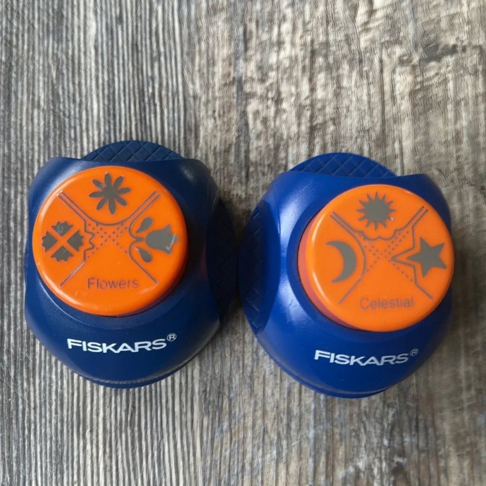 Lot of 2 Fiskars 3-in-1 Design Corner Paper Punch Flowers & Celestial 3 Way